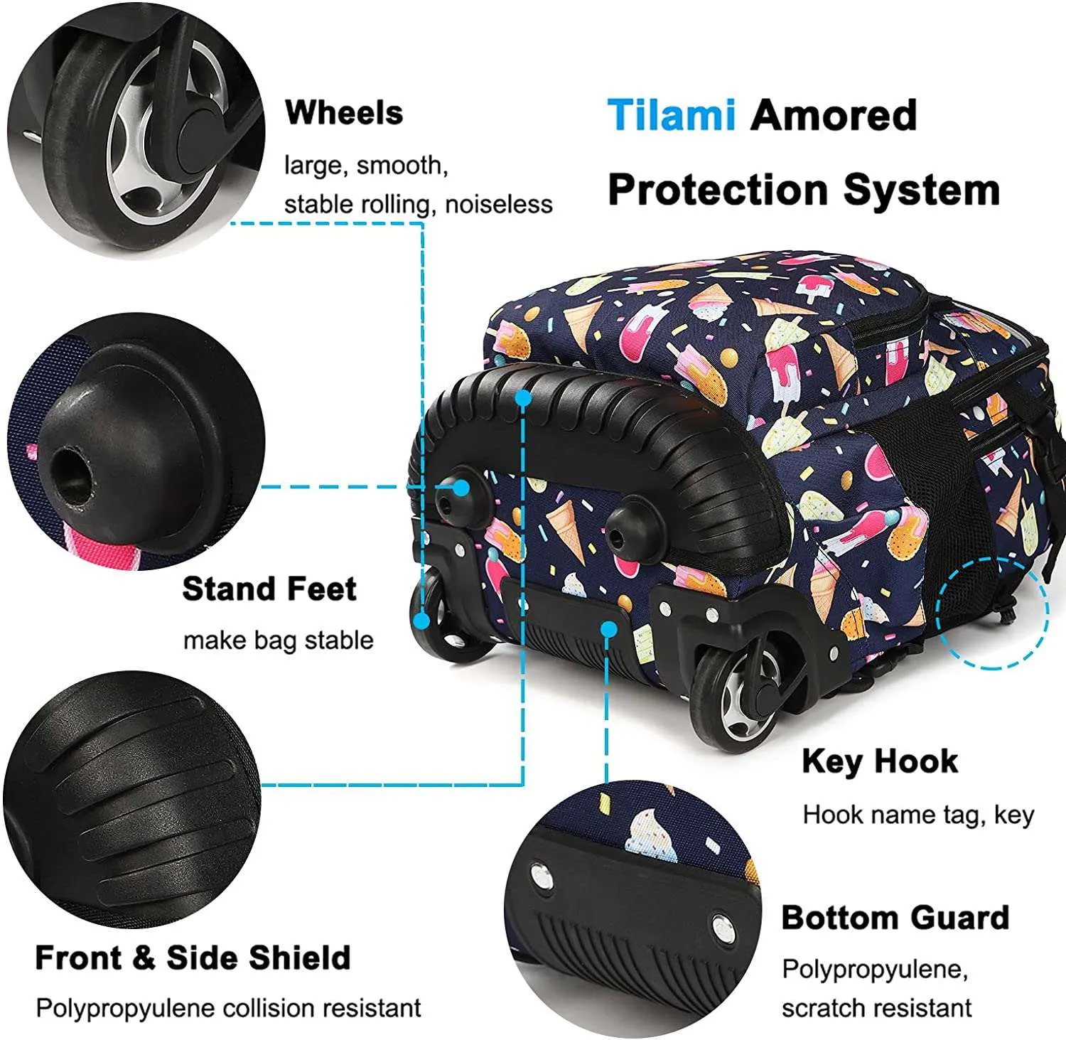 Tilami Black Ice Cream 18 inch Rolling Backpack Kids Wheeled Backpack