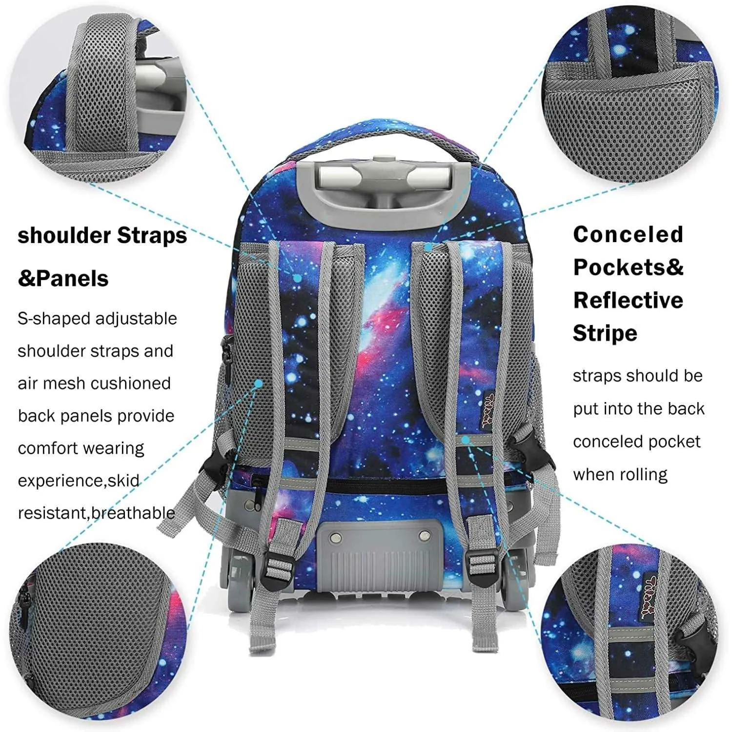 Tilami Deep Blue Galaxy Unicorn 19 inch Rolling Backpack with Pencil Case For Kids