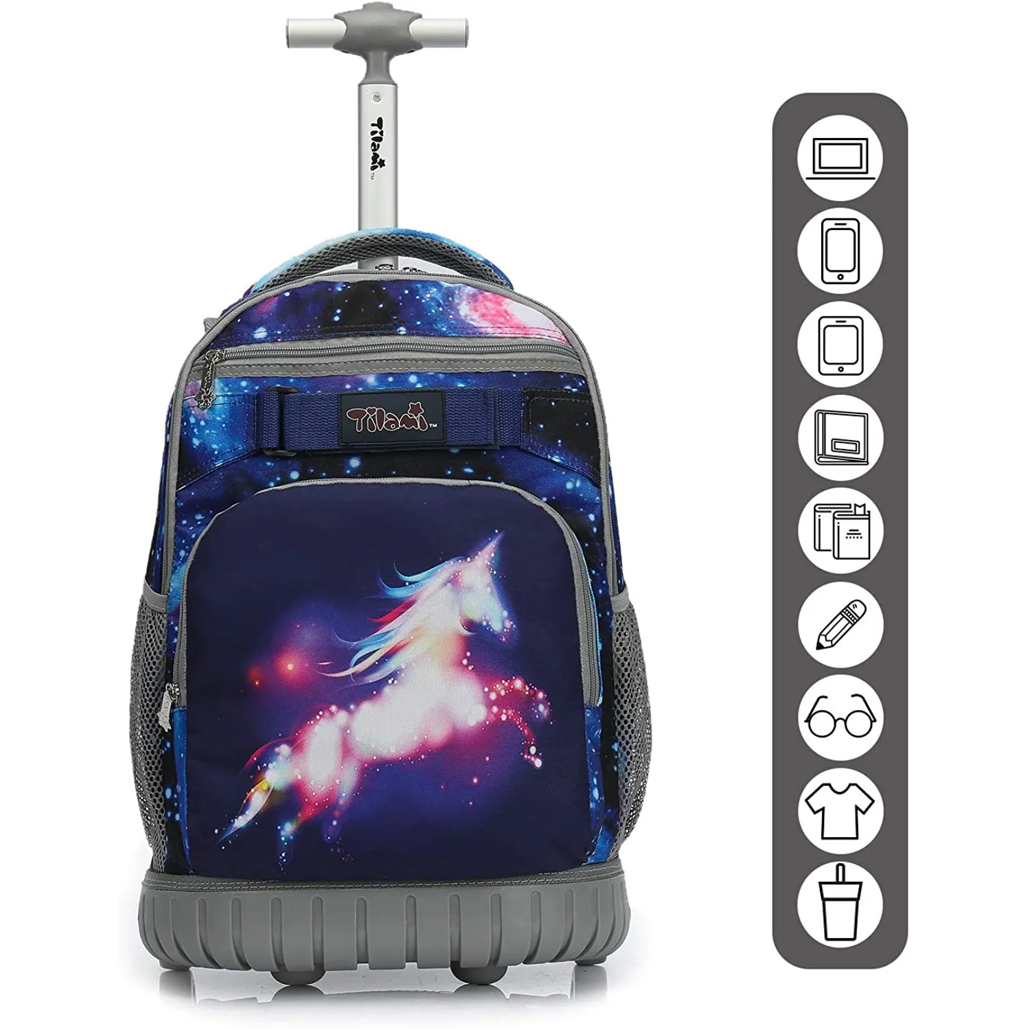 Tilami Deep Blue Galaxy Unicorn 19 inch Rolling Backpack with Pencil Case For Kids