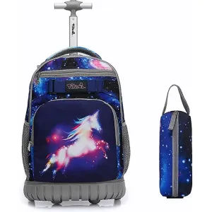 Tilami Deep Blue Galaxy Unicorn 19 inch Rolling Backpack with Pencil Case For Kids