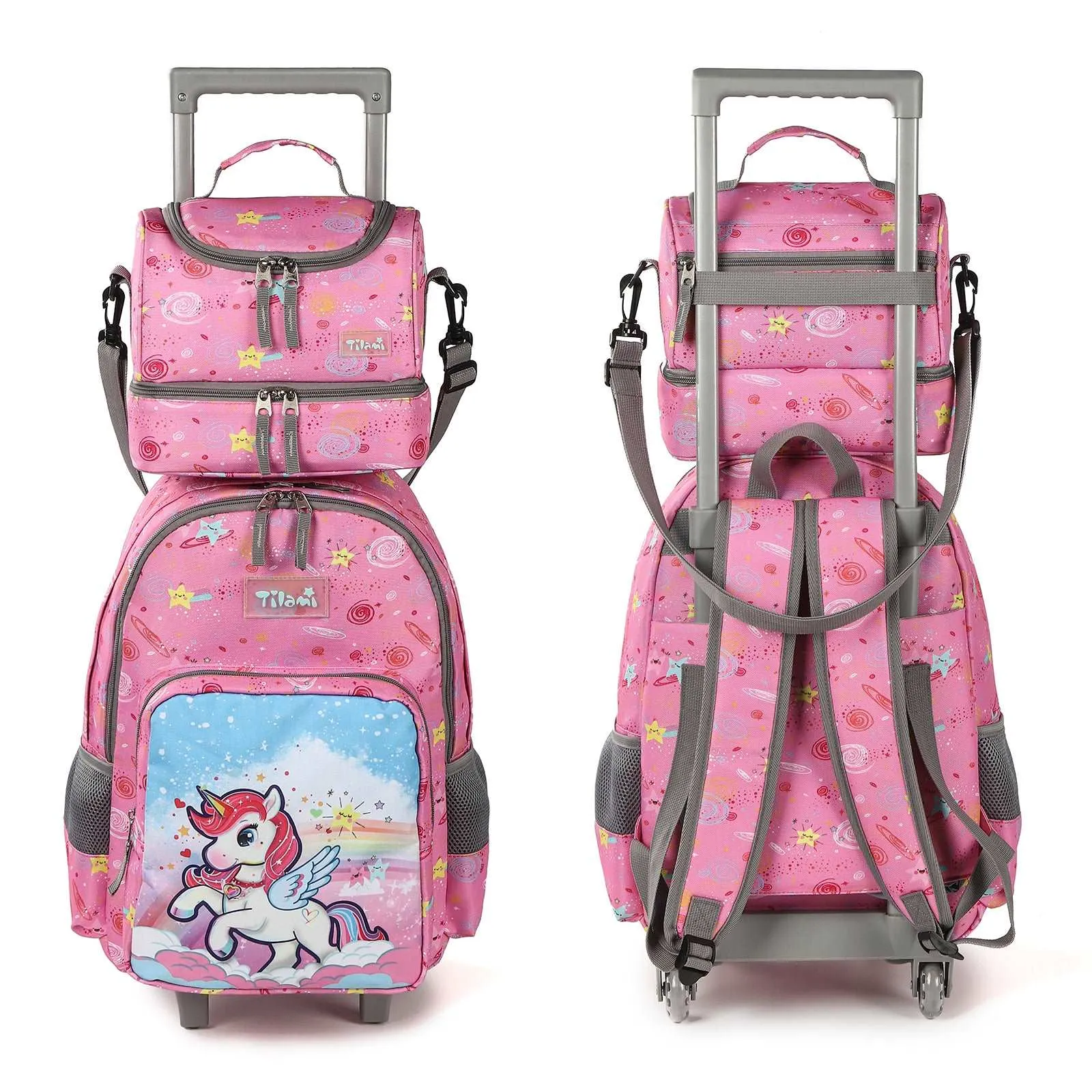 Tilami Pink Unicorn Rolling Backpack 18 inch with Lunch Bag