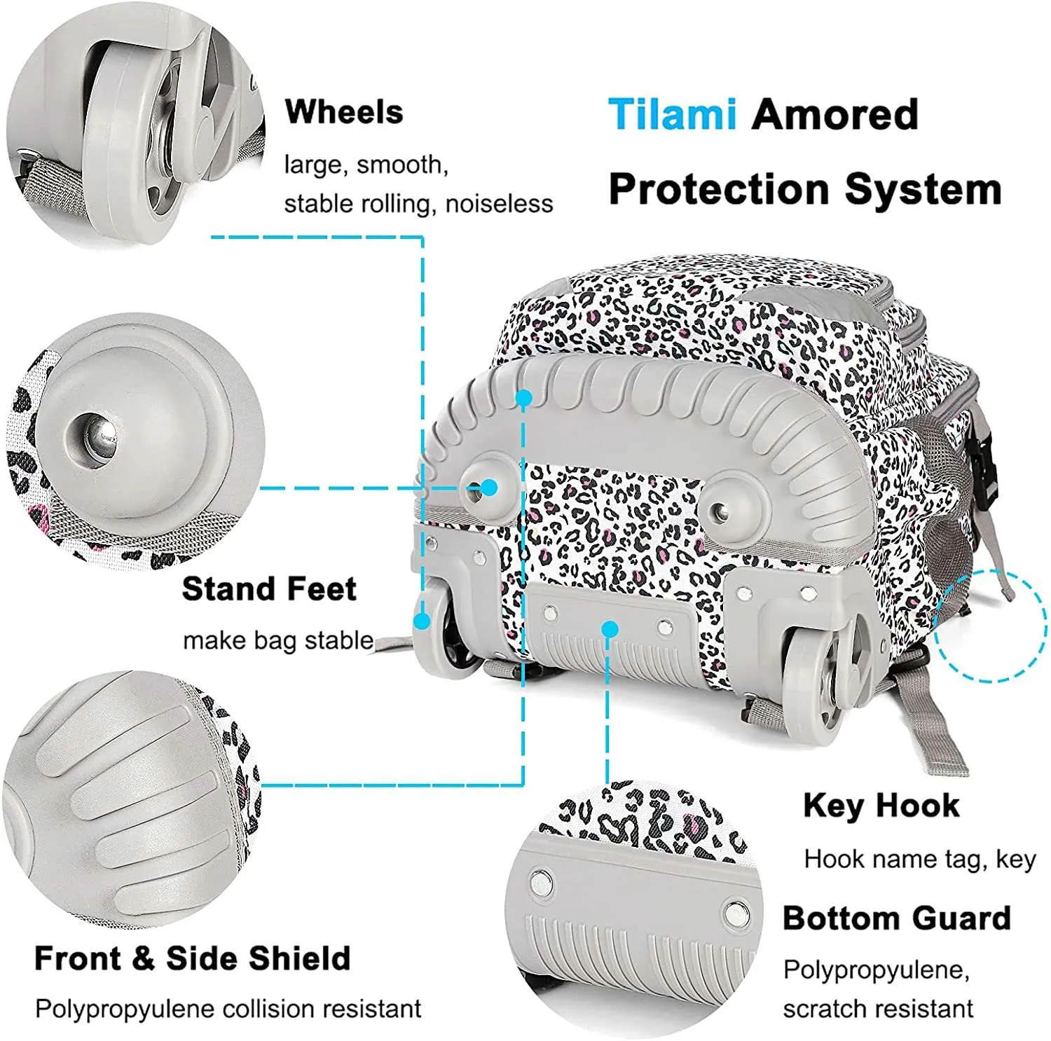 Tilami White Leopard Chhetah Print 18 inch Kids Rolling Backpack Laptop Backpack