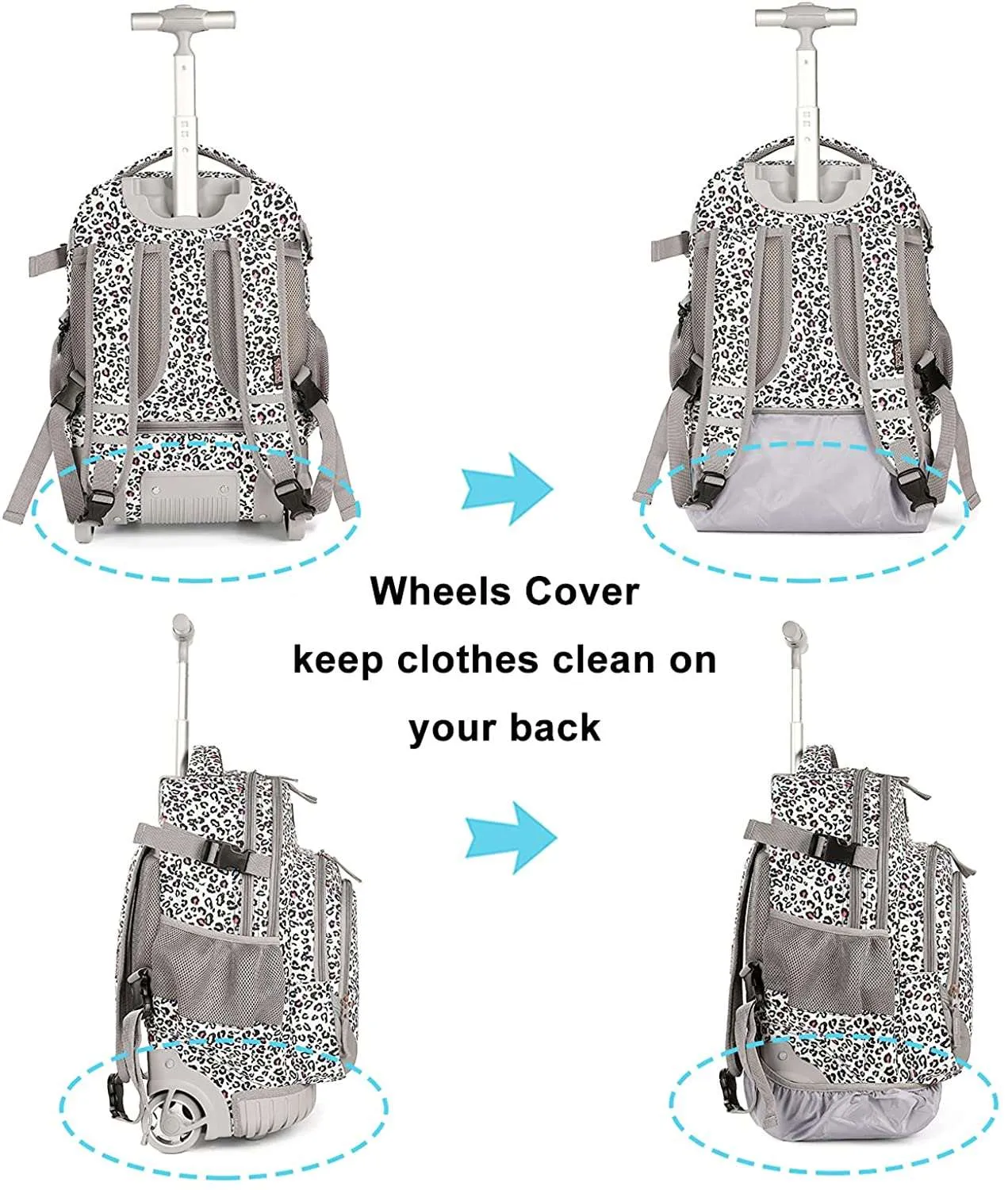 Tilami White Leopard Chhetah Print 18 inch Kids Rolling Backpack Laptop Backpack