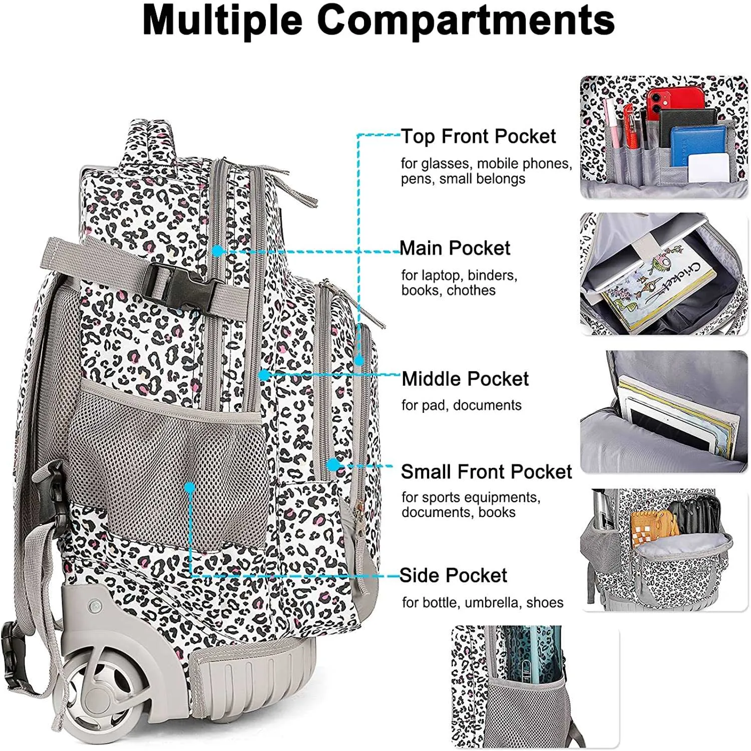 Tilami White Leopard Chhetah Print 18 inch Kids Rolling Backpack Laptop Backpack