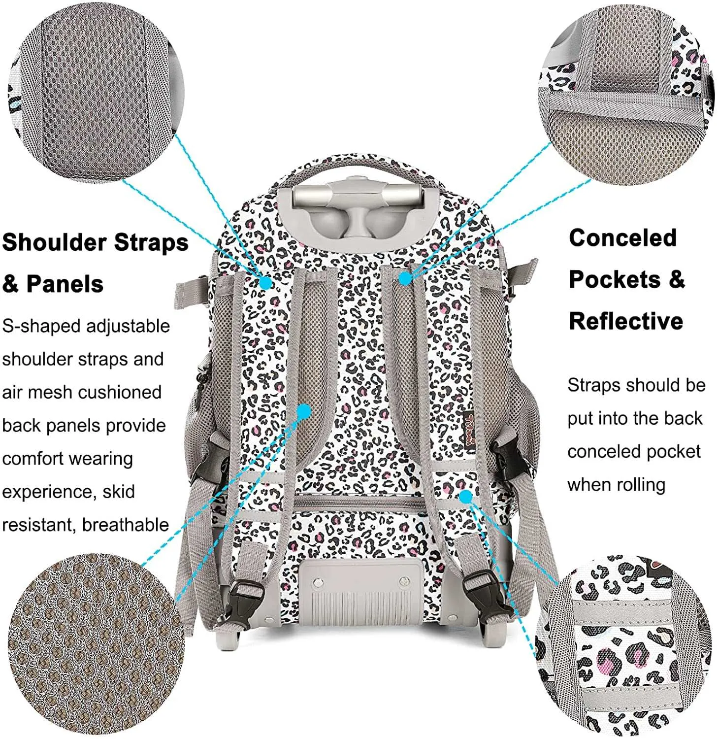 Tilami White Leopard Chhetah Print 18 inch Kids Rolling Backpack Laptop Backpack