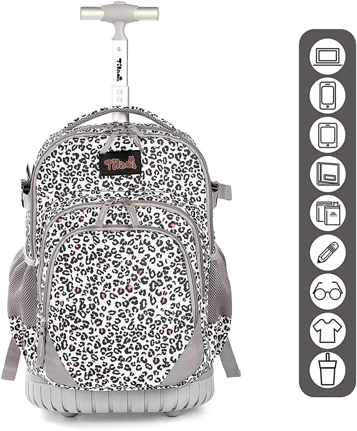 Tilami White Leopard Chhetah Print 18 inch Kids Rolling Backpack Laptop Backpack