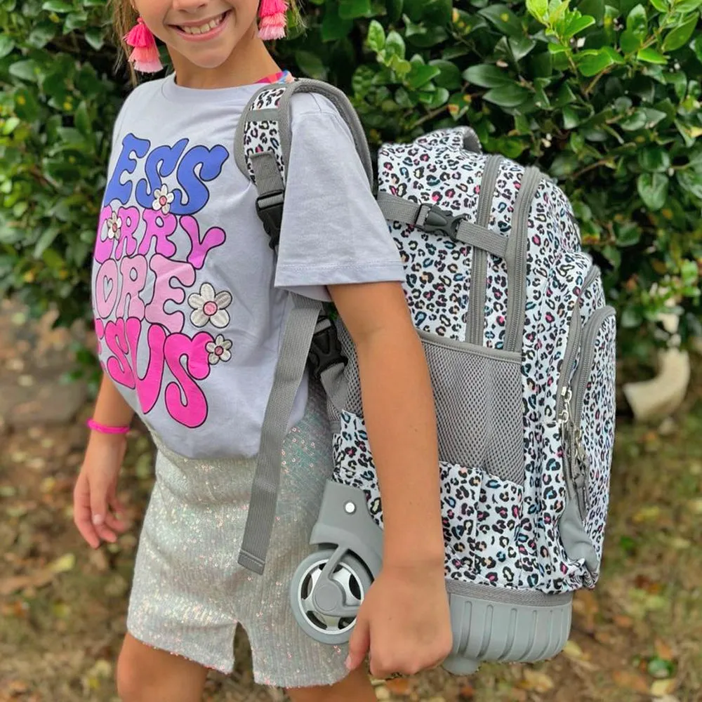 Tilami White Leopard Chhetah Print 18 inch Kids Rolling Backpack Laptop Backpack
