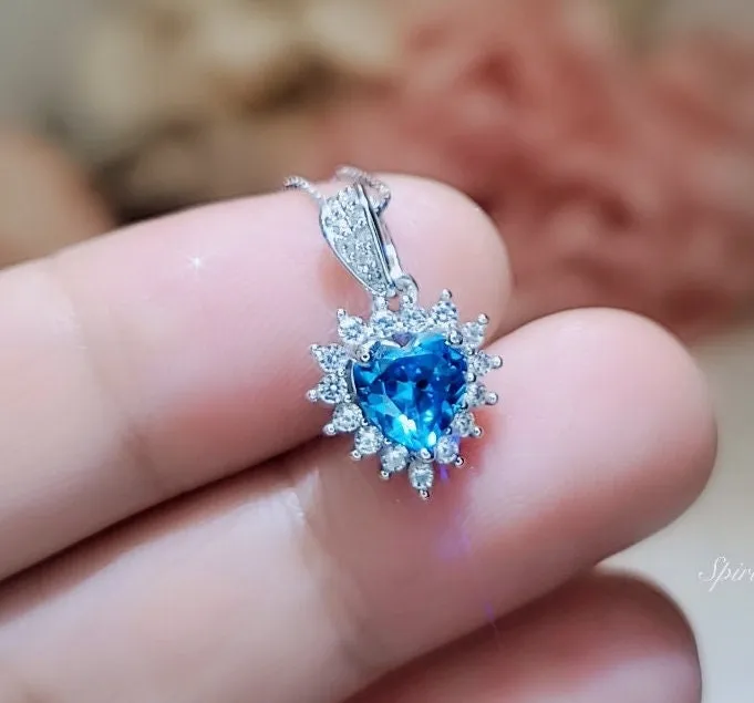 Tiny Blue Topaz Heart Necklace 925 Sterling Silver Minimalist Gemstone Ocean Heart Blue Topaz Pendant Jewelry 048