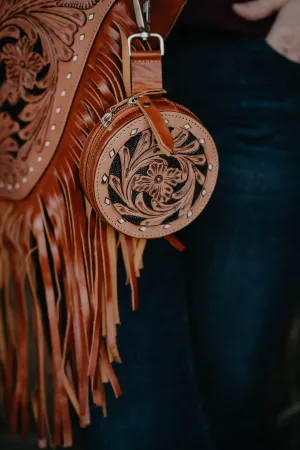 Tooled Leather Round Card Holder with Clip