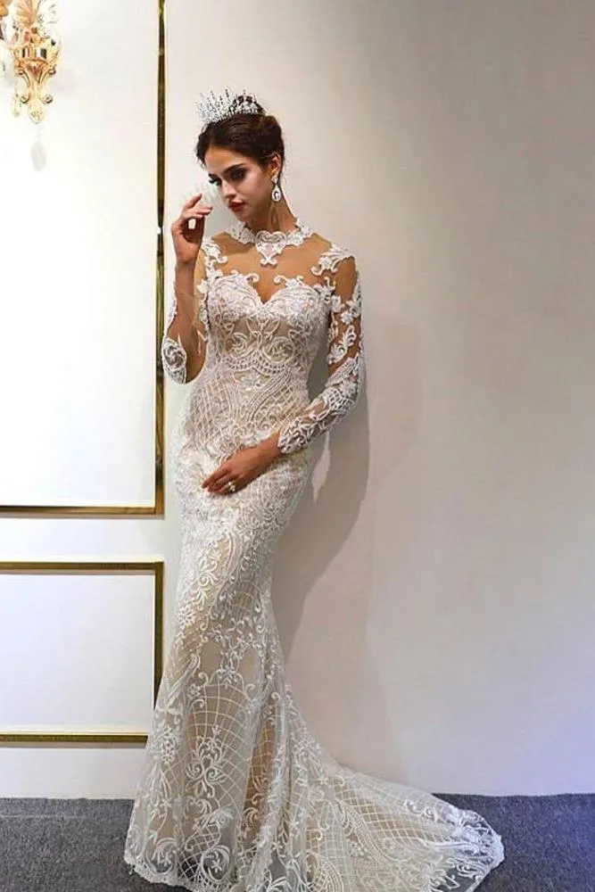 Trendy High neck Mermaid Lace Ivory Wedding Dress with Overskirt