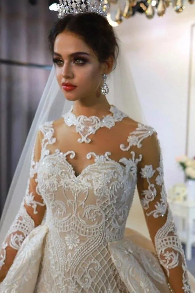 Trendy High neck Mermaid Lace Ivory Wedding Dress with Overskirt