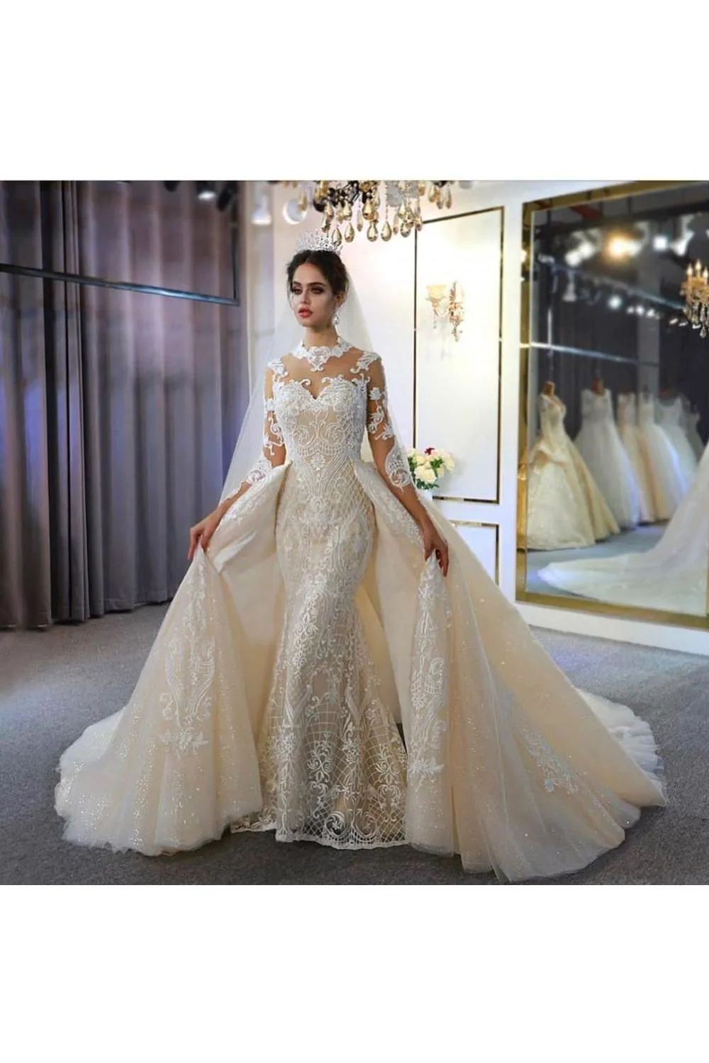 Trendy High neck Mermaid Lace Ivory Wedding Dress with Overskirt