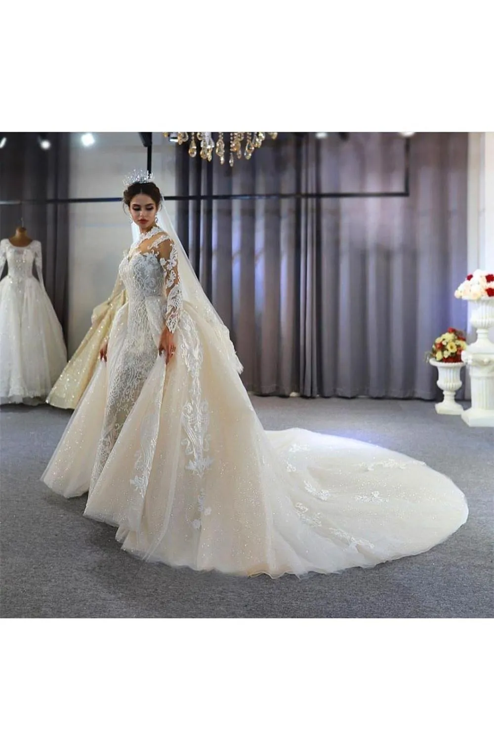 Trendy High neck Mermaid Lace Ivory Wedding Dress with Overskirt