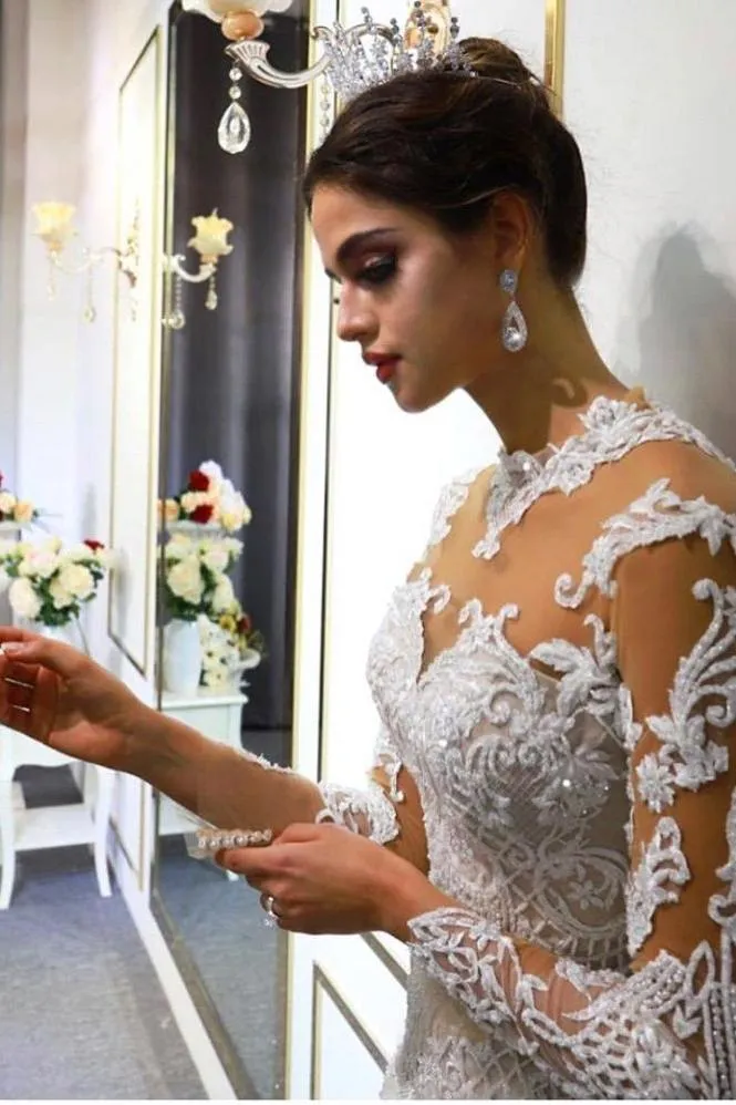 Trendy High neck Mermaid Lace Ivory Wedding Dress with Overskirt