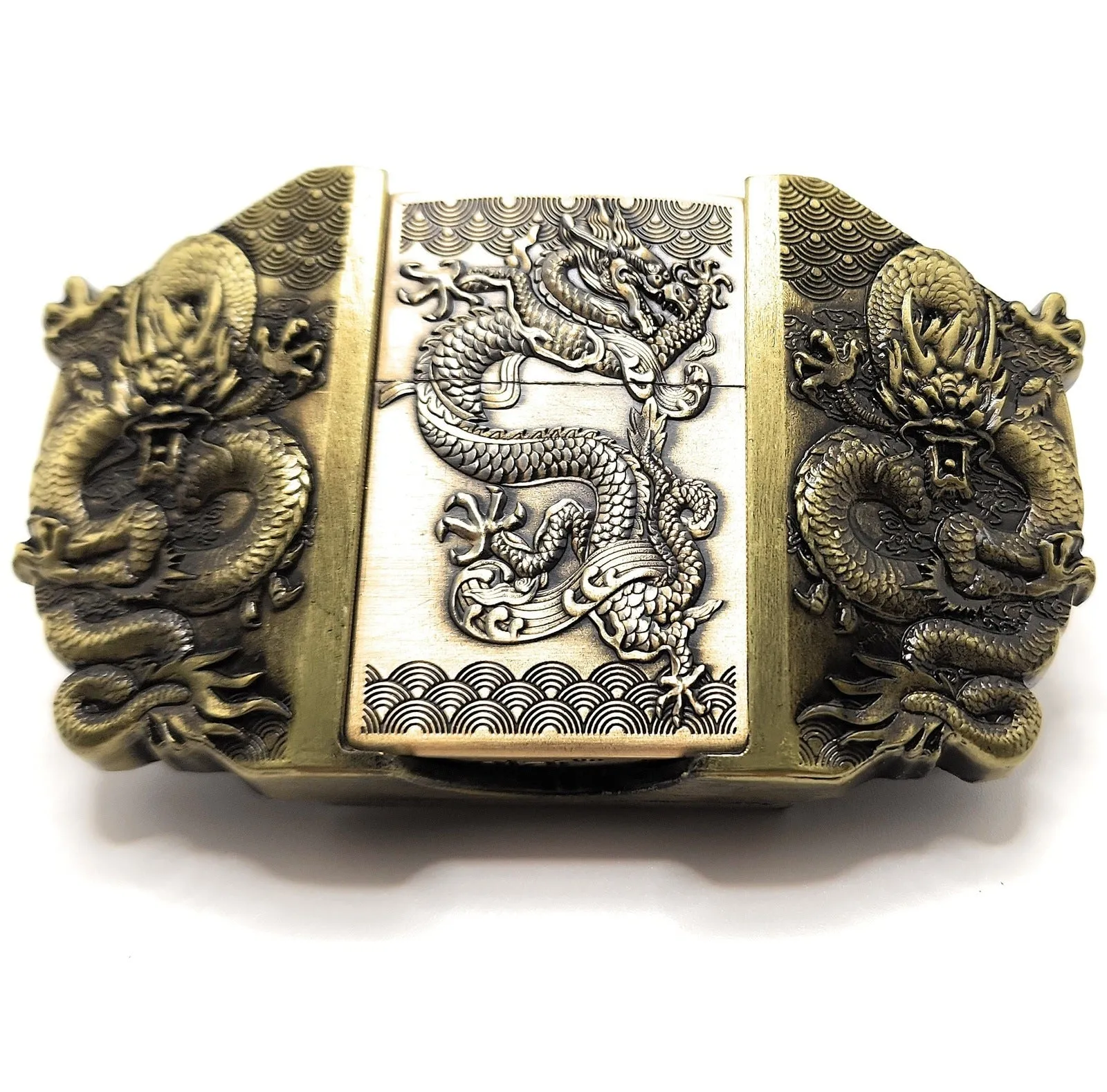 Triple Dragons Bronze Lighter Belt Buckle / Flip-Style Lighter Holder Buckle