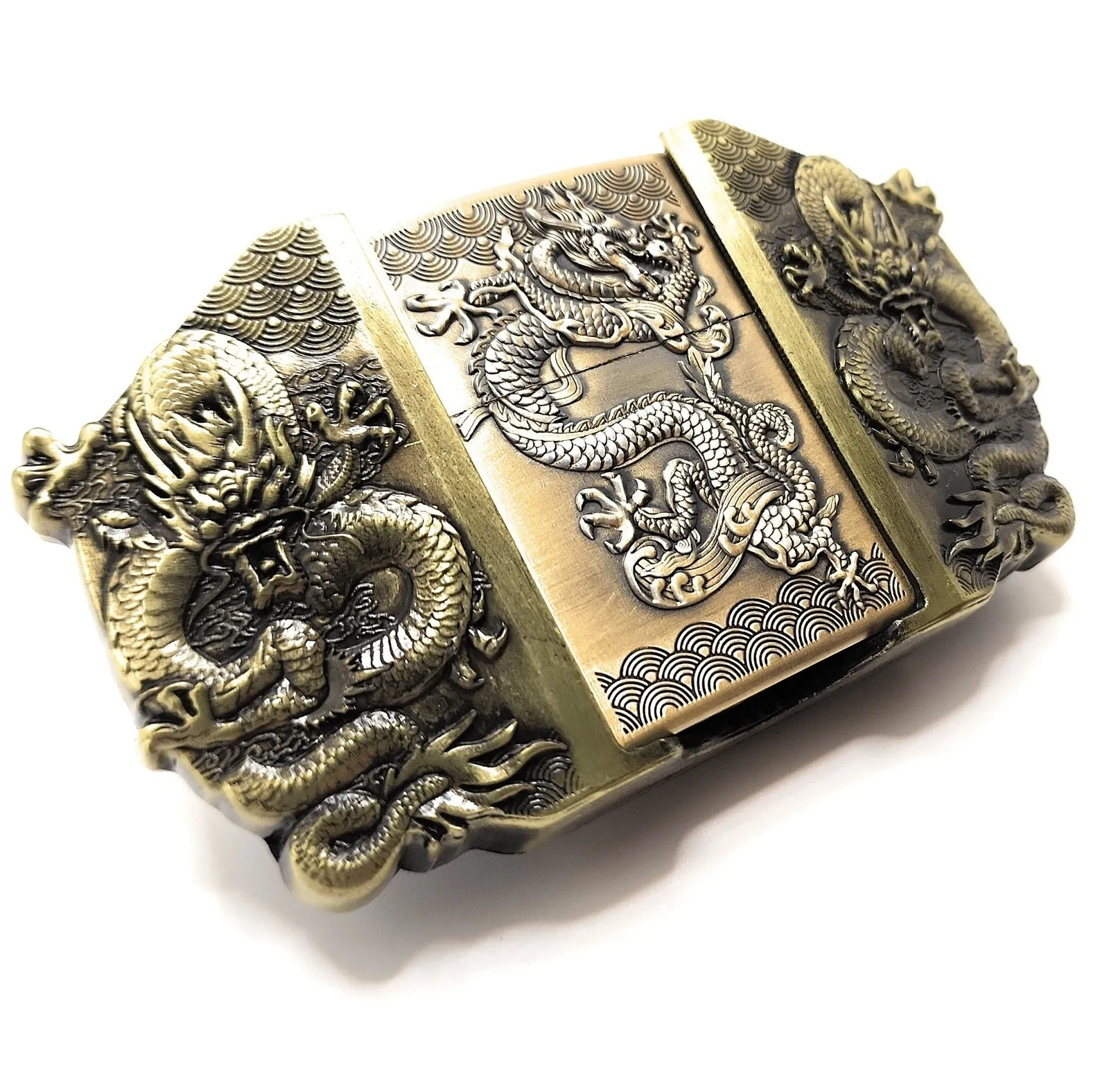 Triple Dragons Bronze Lighter Belt Buckle / Flip-Style Lighter Holder Buckle