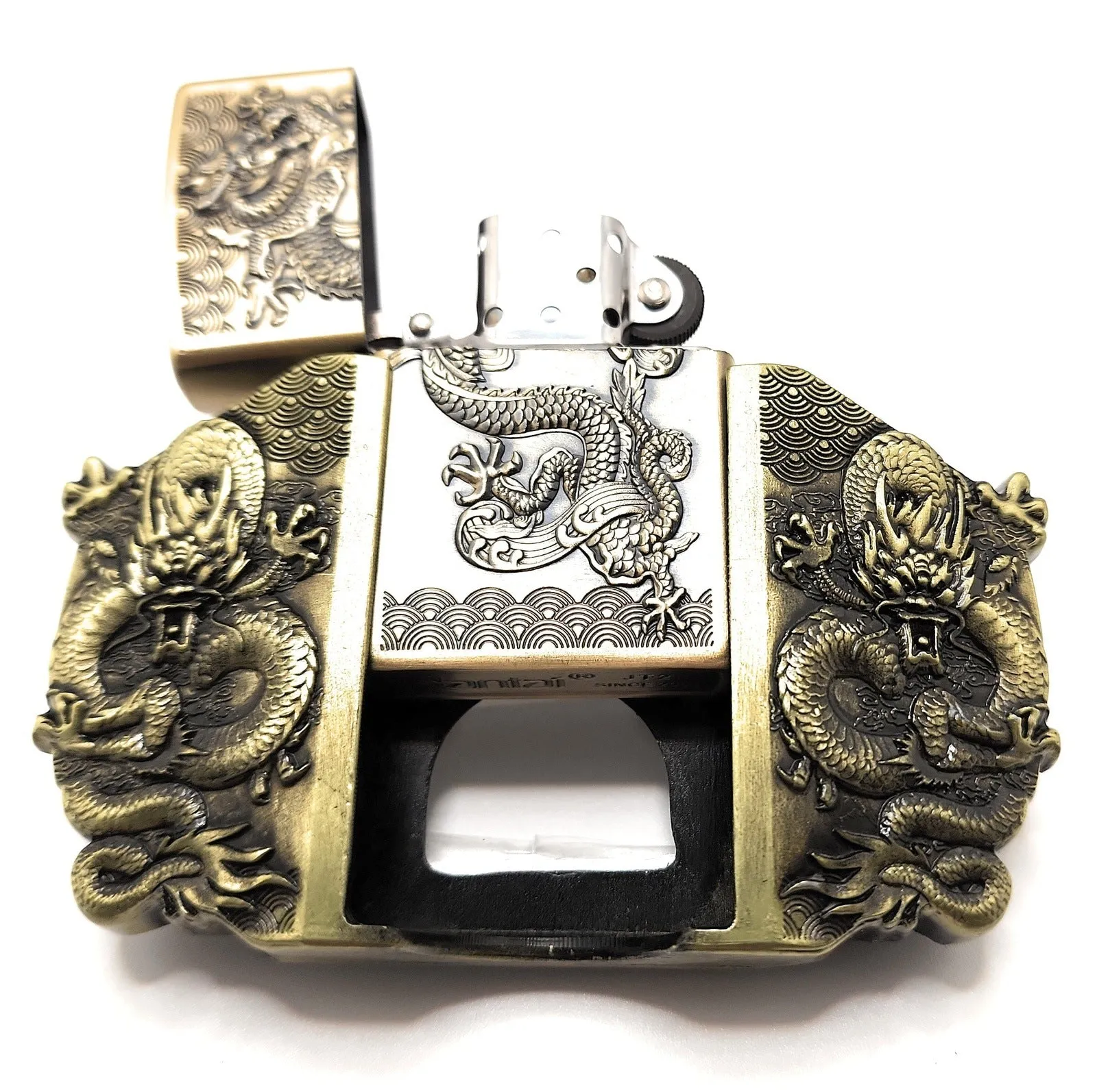 Triple Dragons Bronze Lighter Belt Buckle / Flip-Style Lighter Holder Buckle