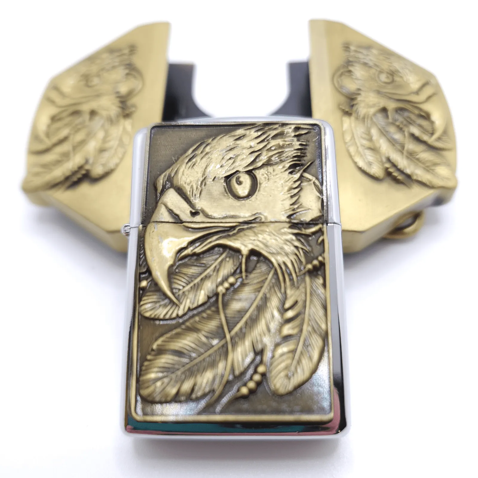 Triple Eagle Bronze Lighter Belt Buckle / Flip Style Lighter Holder Buckle