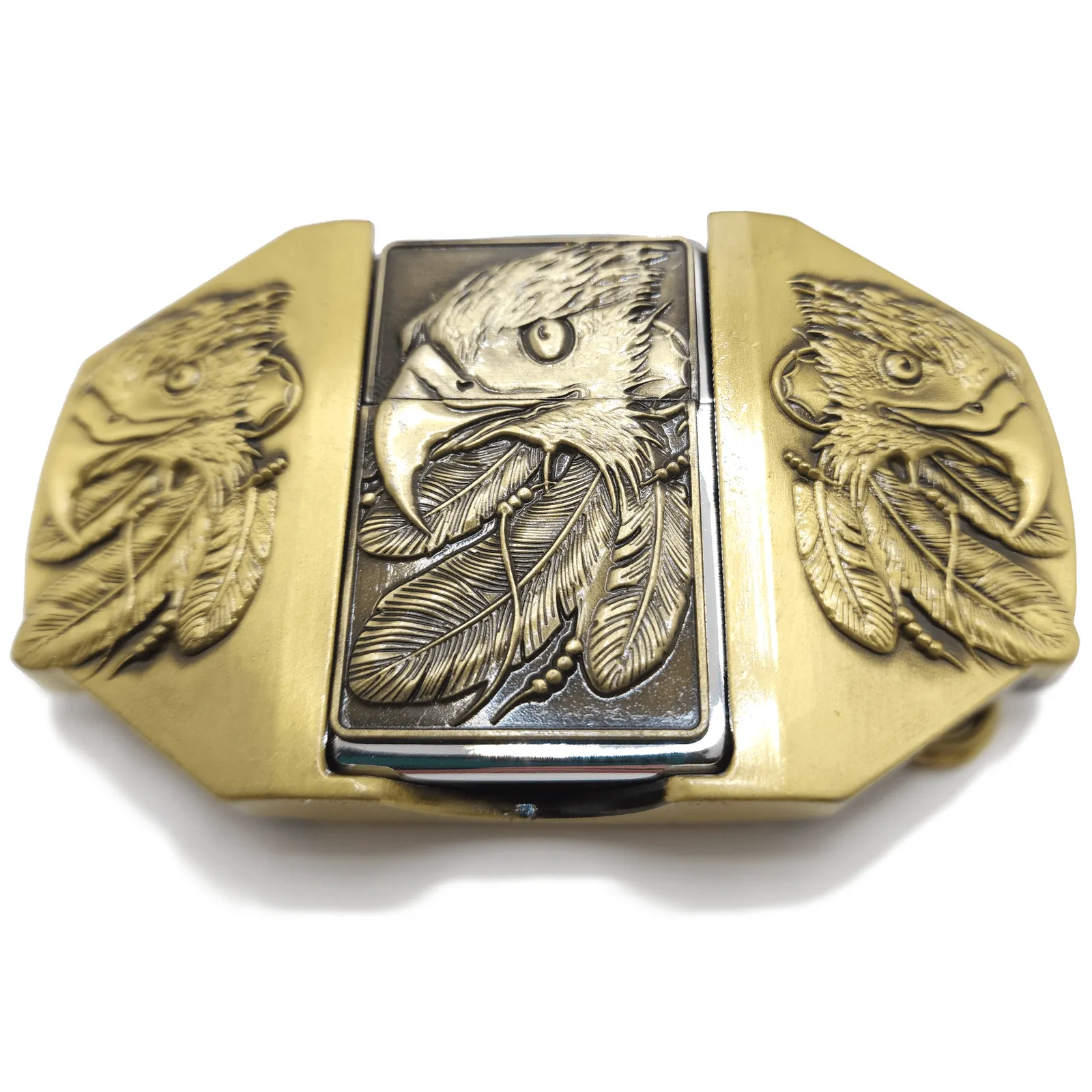 Triple Eagle Bronze Lighter Belt Buckle / Flip Style Lighter Holder Buckle