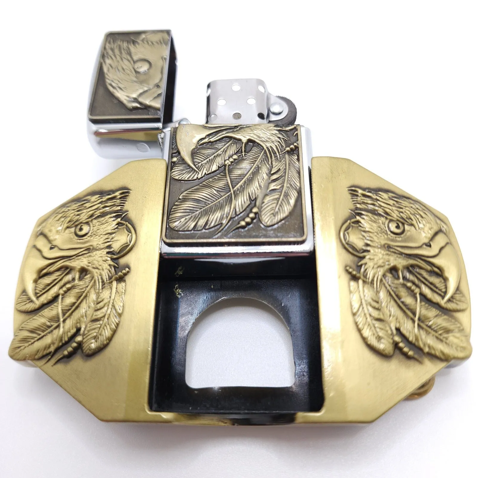 Triple Eagle Bronze Lighter Belt Buckle / Flip Style Lighter Holder Buckle