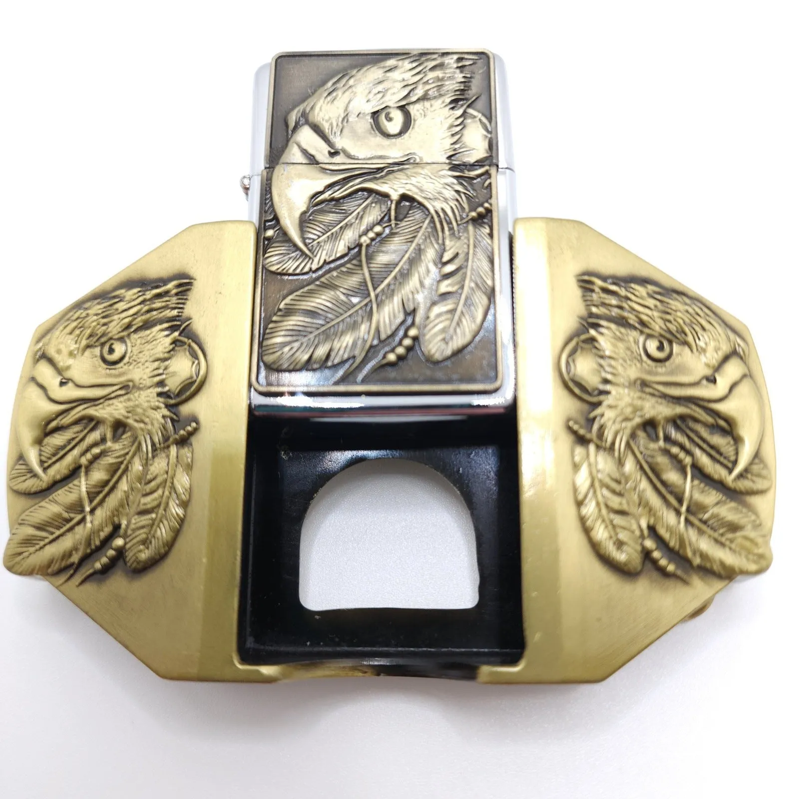 Triple Eagle Bronze Lighter Belt Buckle / Flip Style Lighter Holder Buckle