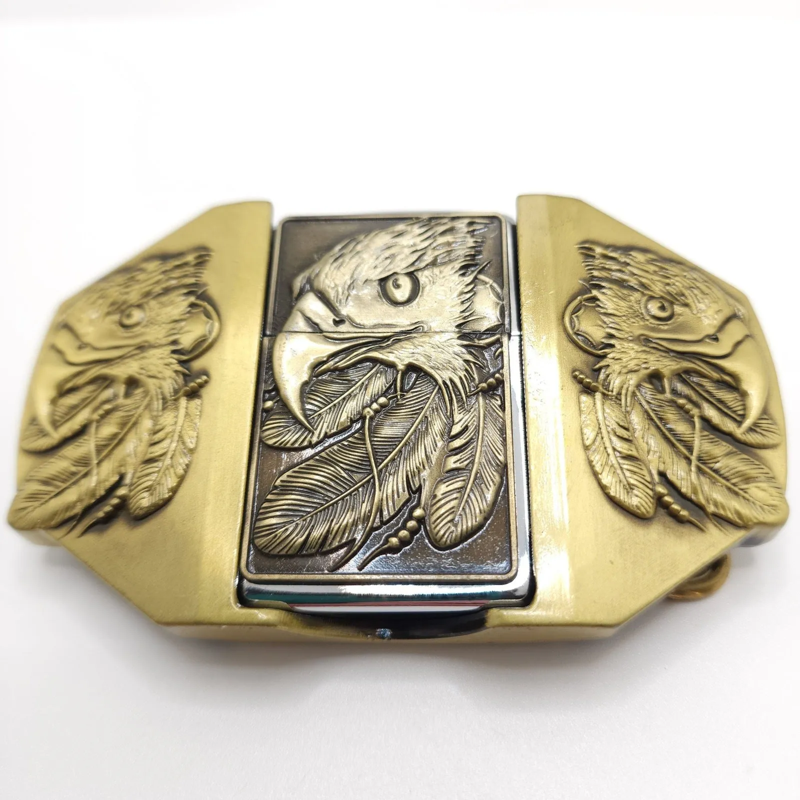 Triple Eagle Bronze Lighter Belt Buckle / Flip Style Lighter Holder Buckle