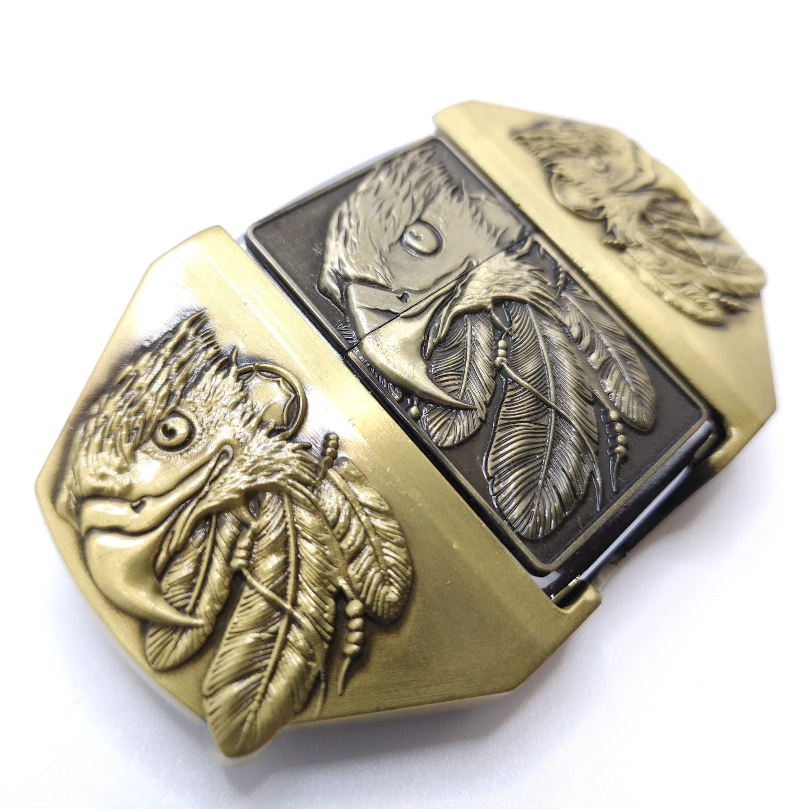 Triple Eagle Bronze Lighter Belt Buckle / Flip Style Lighter Holder Buckle