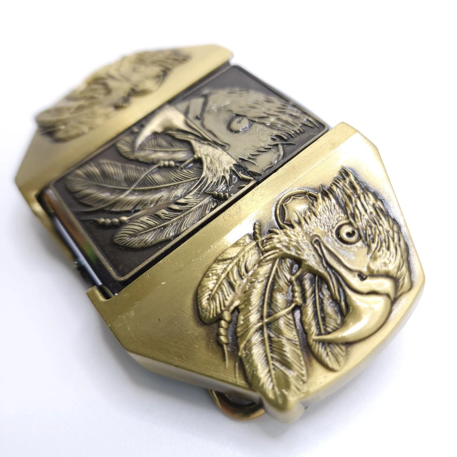 Triple Eagle Bronze Lighter Belt Buckle / Flip Style Lighter Holder Buckle