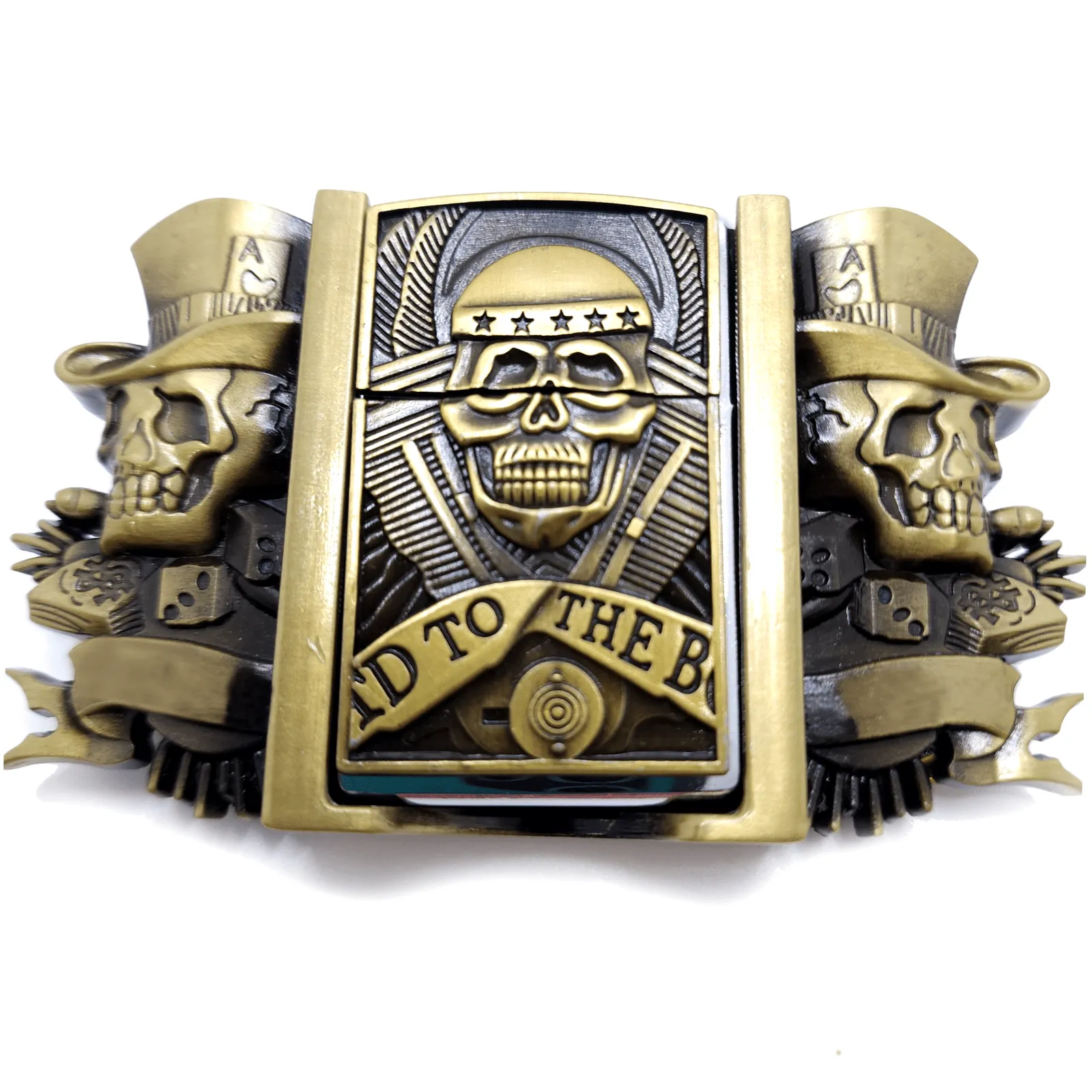 Triple Joker Skulls Bronze Lighter Belt Buckle with Smiling Skull Lighter Holder Buckle