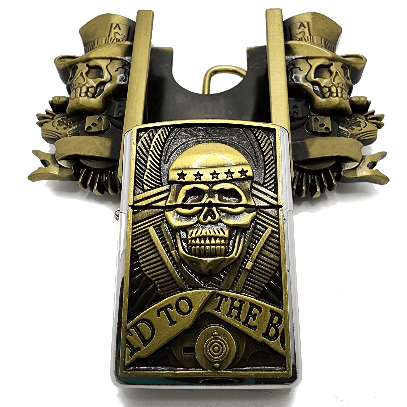 Triple Joker Skulls Bronze Lighter Belt Buckle with Smiling Skull Lighter Holder Buckle