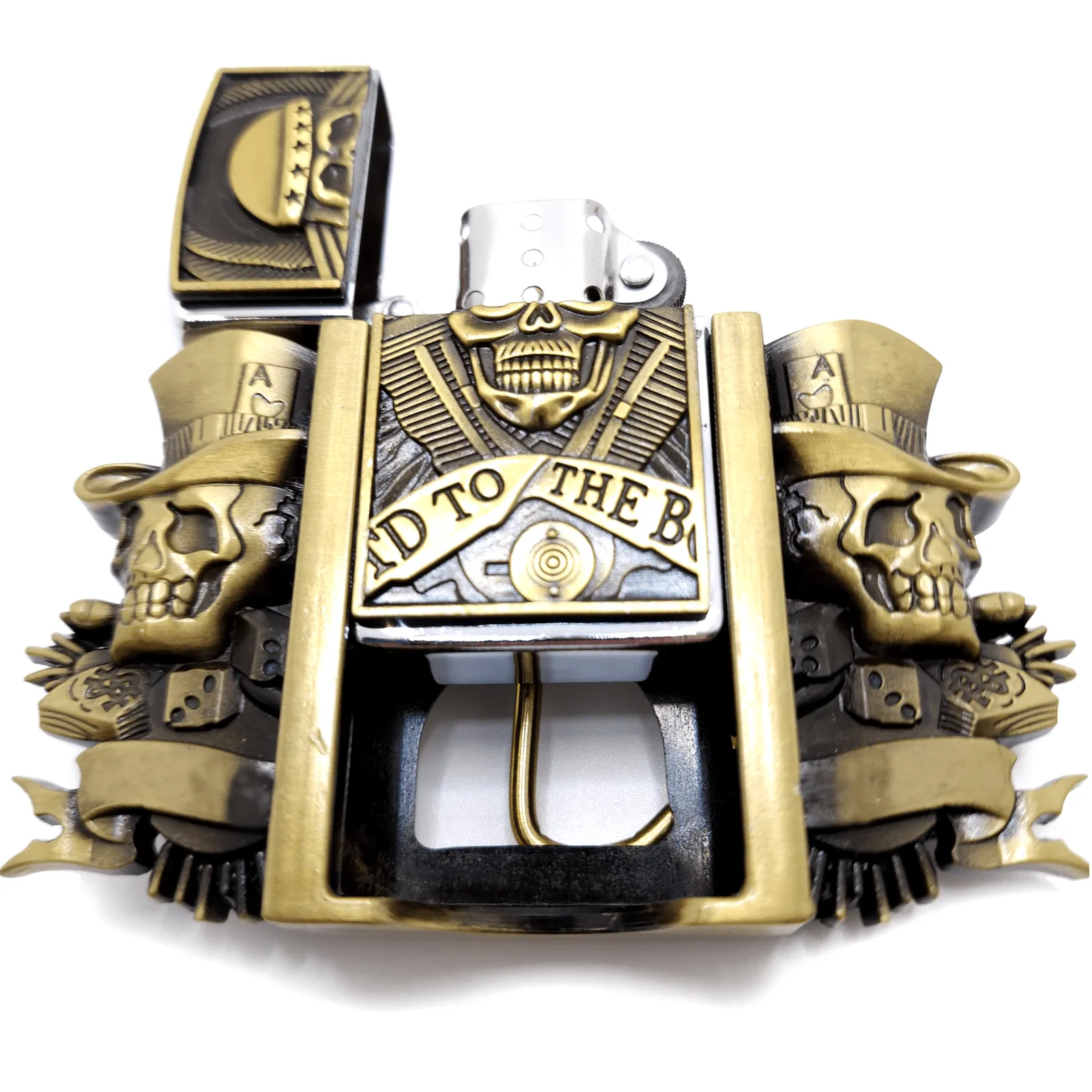 Triple Joker Skulls Bronze Lighter Belt Buckle with Smiling Skull Lighter Holder Buckle