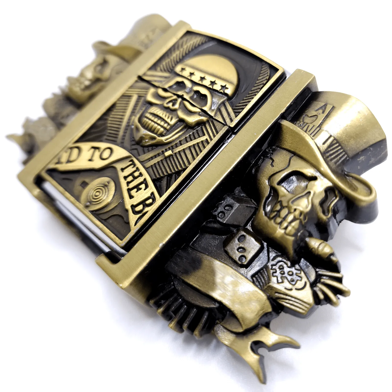 Triple Joker Skulls Bronze Lighter Belt Buckle with Smiling Skull Lighter Holder Buckle