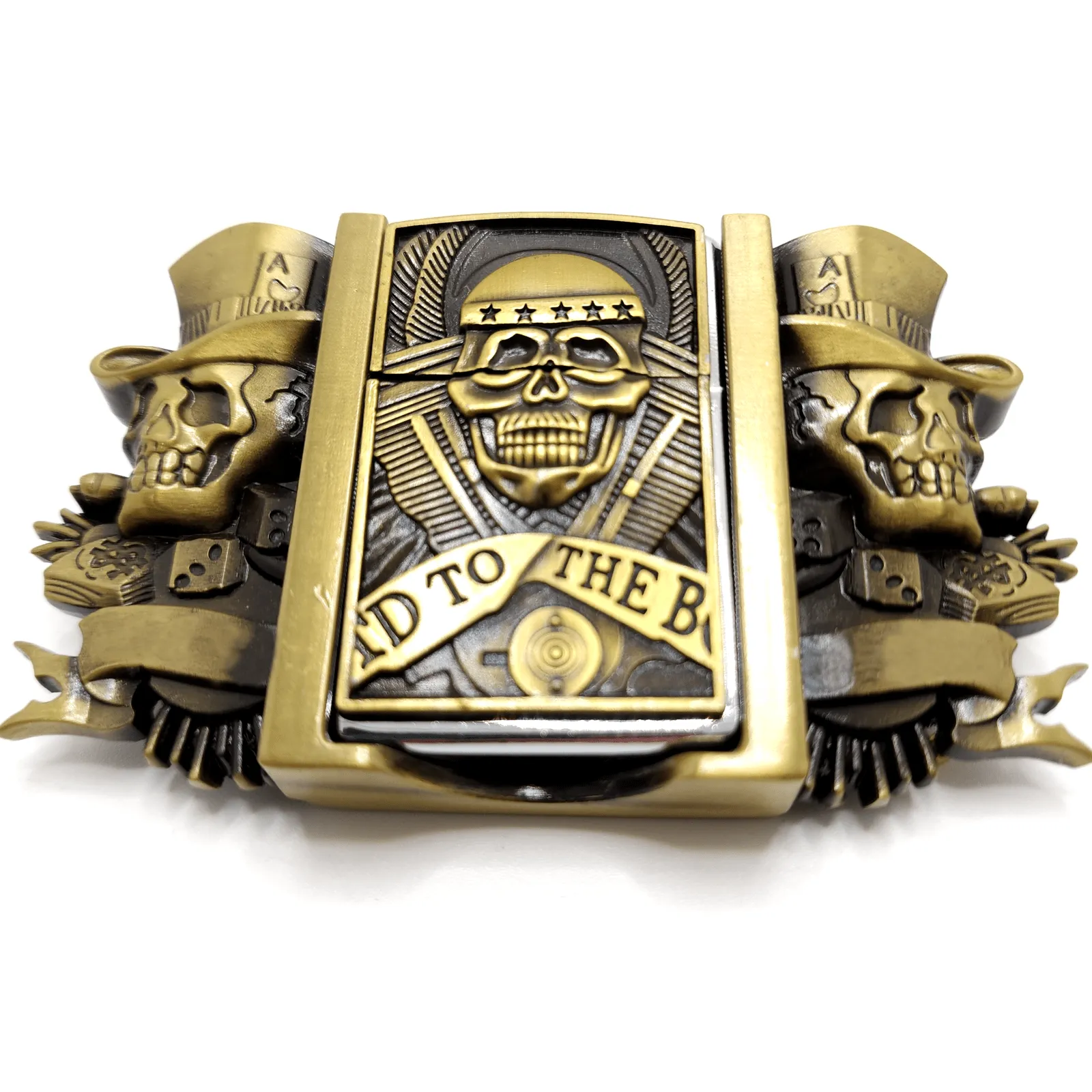 Triple Joker Skulls Bronze Lighter Belt Buckle with Smiling Skull Lighter Holder Buckle