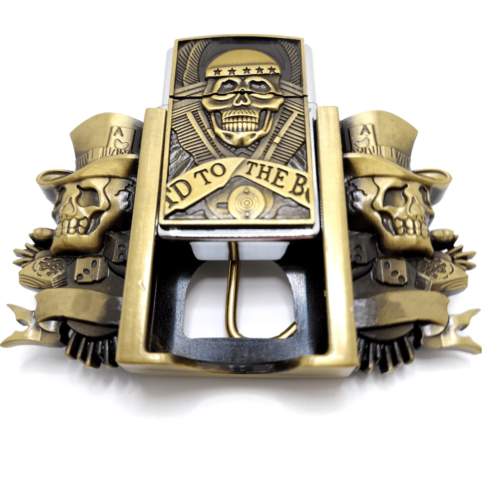 Triple Joker Skulls Bronze Lighter Belt Buckle with Smiling Skull Lighter Holder Buckle
