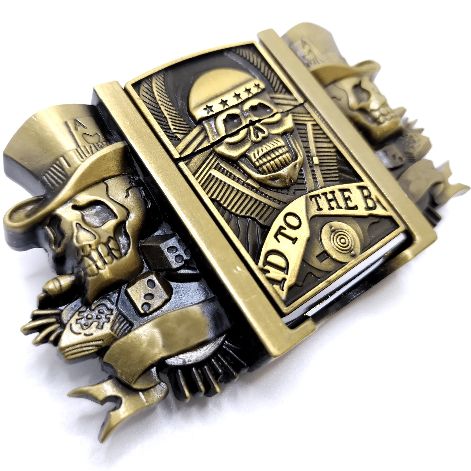 Triple Joker Skulls Bronze Lighter Belt Buckle with Smiling Skull Lighter Holder Buckle