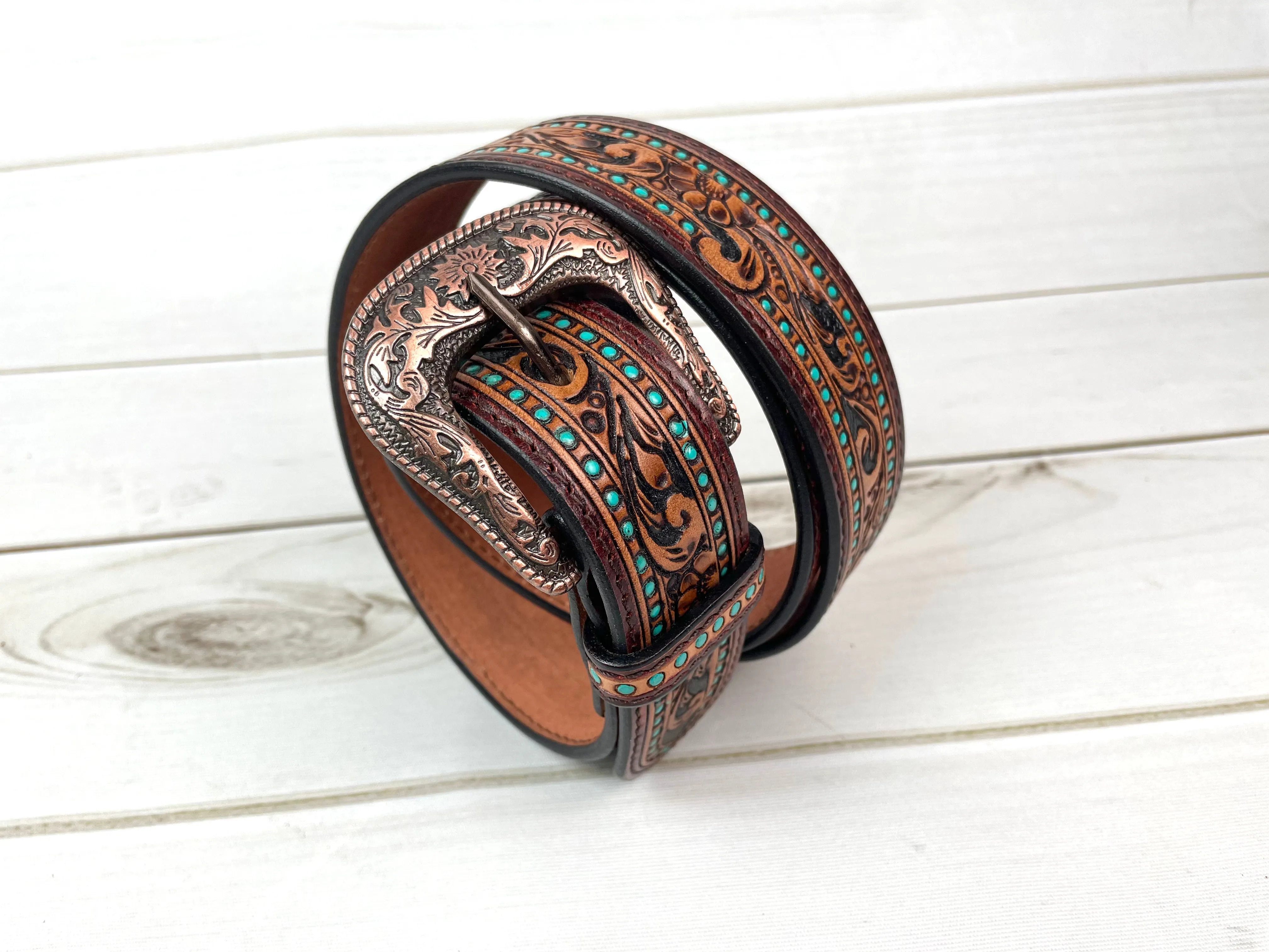 Turquoise Dotted Border Tooled Leather Woman’s Belt