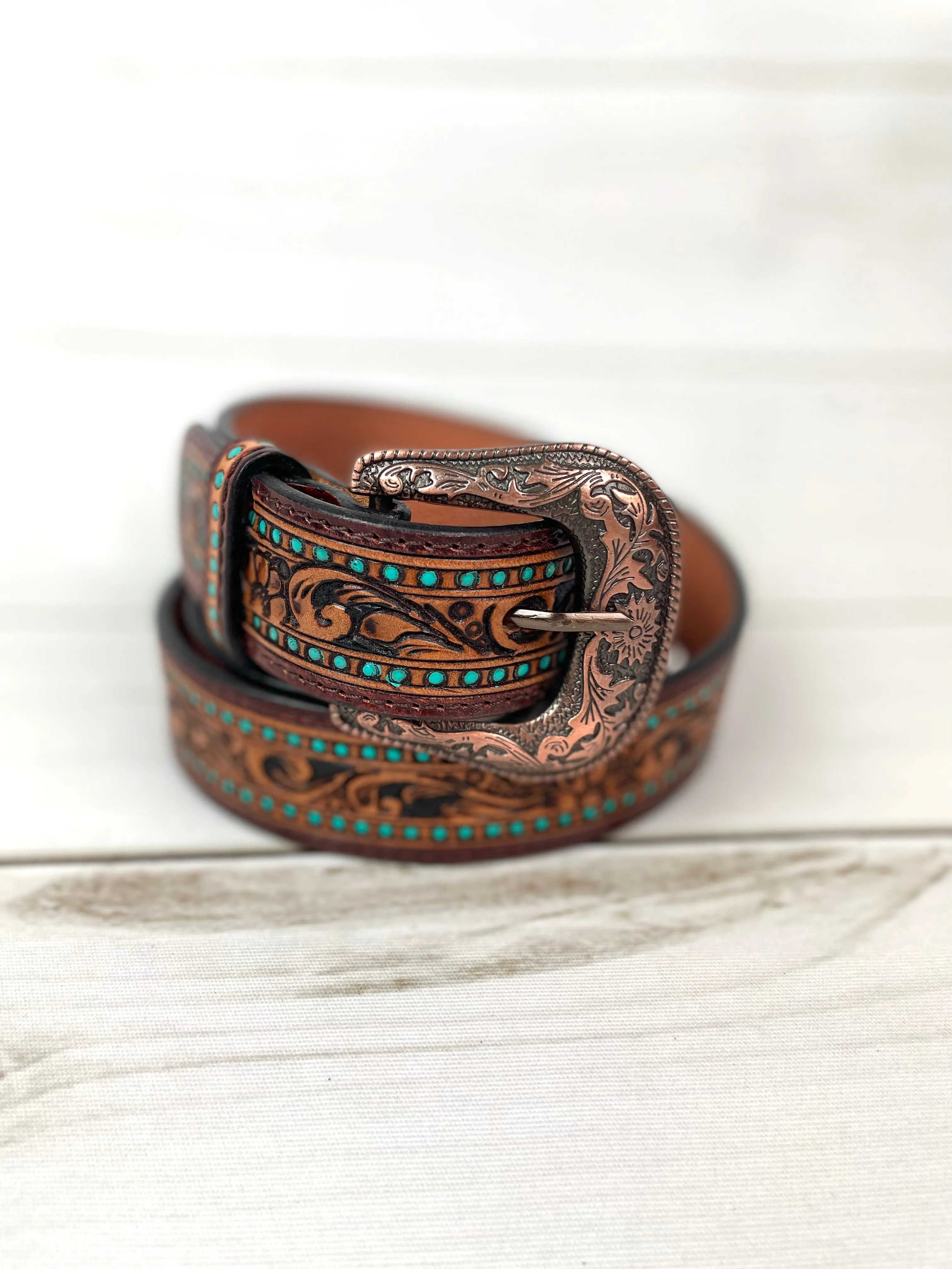 Turquoise Dotted Border Tooled Leather Woman’s Belt