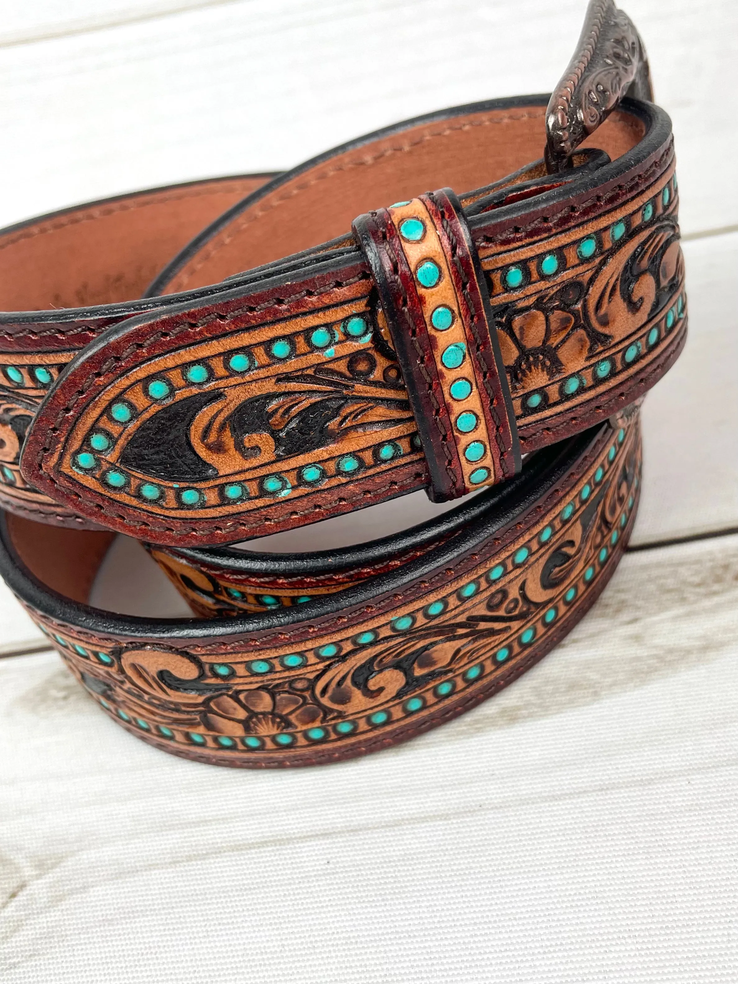 Turquoise Dotted Border Tooled Leather Woman’s Belt