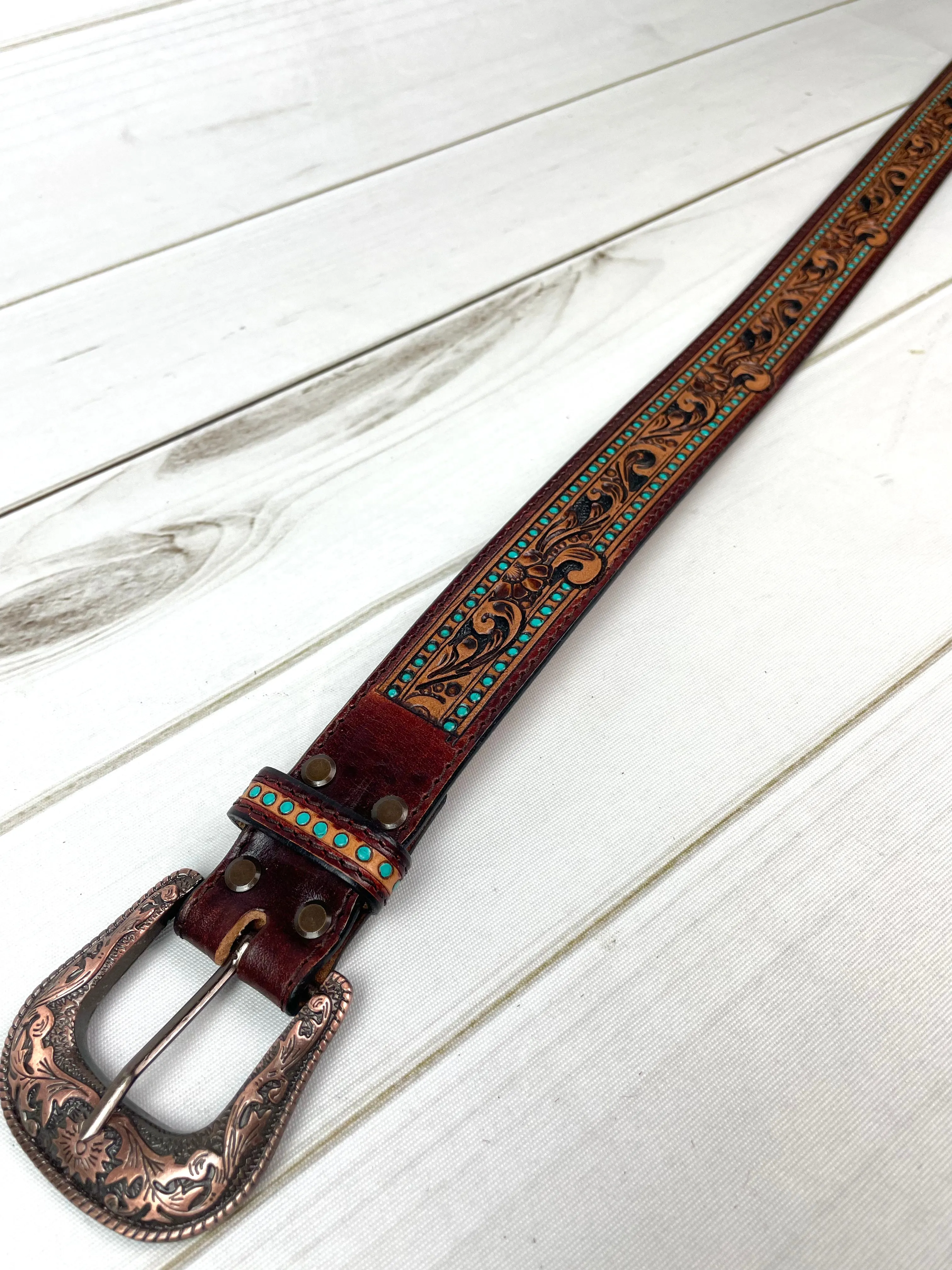 Turquoise Dotted Border Tooled Leather Woman’s Belt