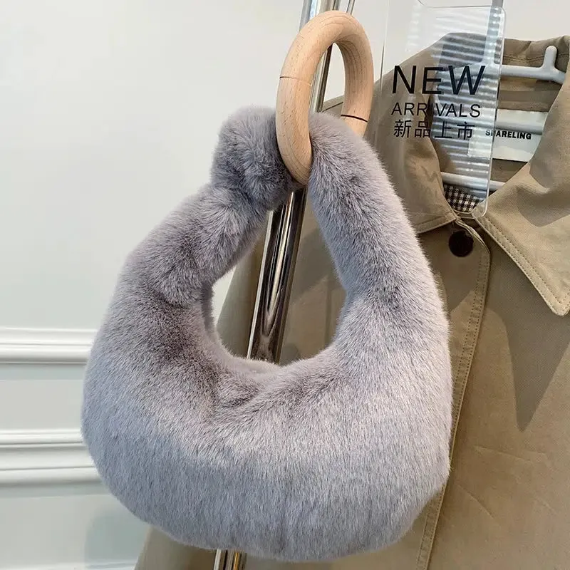 Twist Handle Faux Fur Handbag