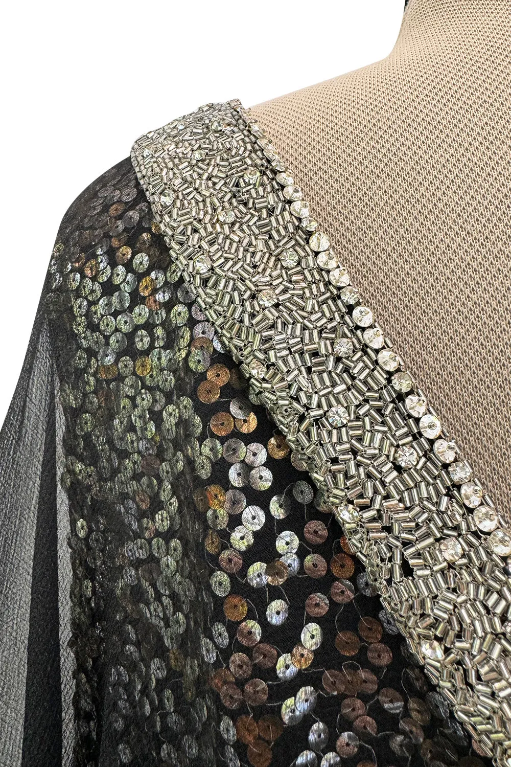 V Neck & Back 1990s Nina Ricci Black Silk Chiffon Caftan Dress w Sequin Bead & Rhinestone Detailing