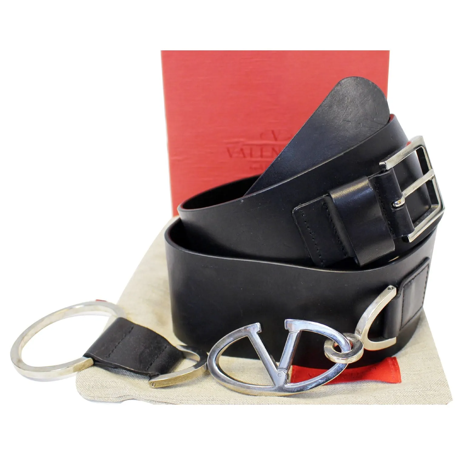 Valentino Logo Black Leather Belt Size 34