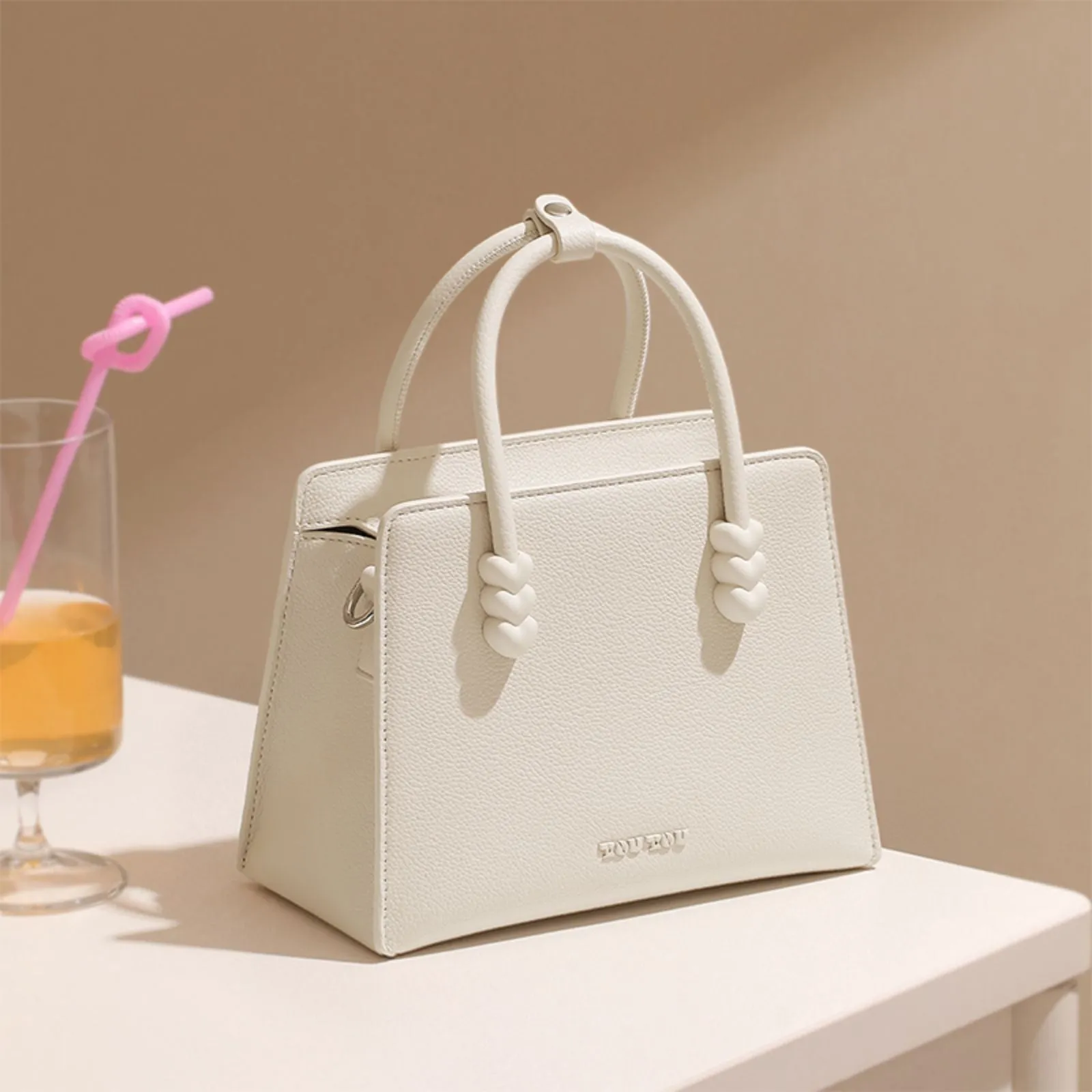 Versatile Small Faux Leather Handheld Tote Bag for Cosmetics Storage