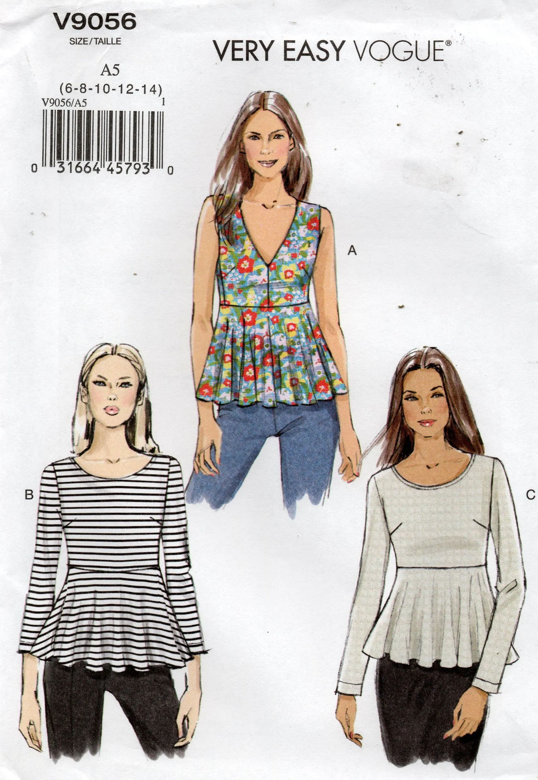 Very Easy Vogue V9056 Womens Stretch High Waisted Pullover Peplum Tops Out Of Print Sewing Pattern Size 6 - 14 UNCUT Factory Folded