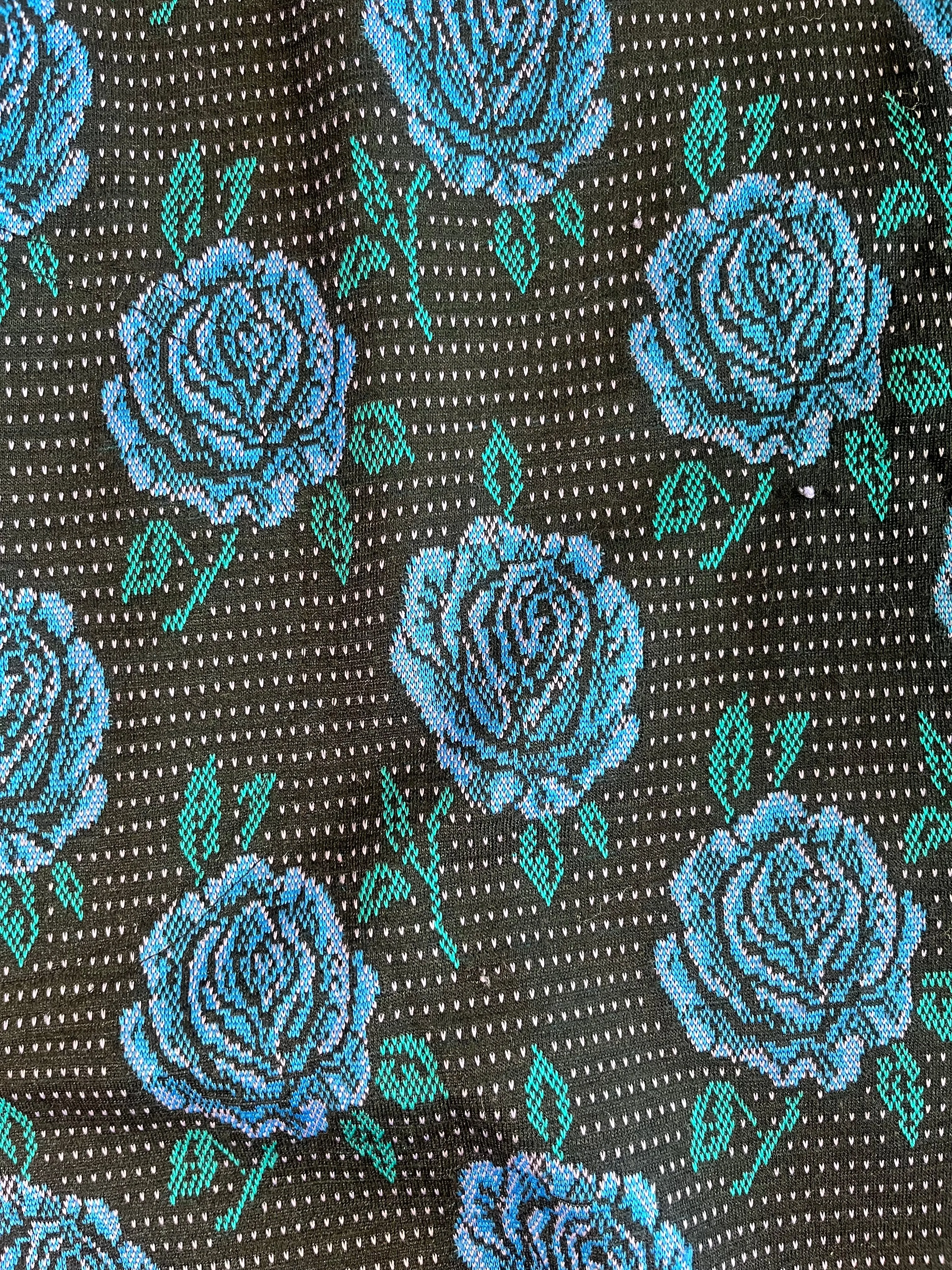 Vintage 80s Blue Rose Knit Dress - Fits Up To Size L, Possibly XL