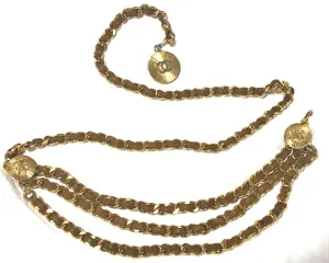 Vintage CHANEL triple layer golden chain and brown leather belt with CC and lion charms. Beautiful classic belt back in old era. R0410119
