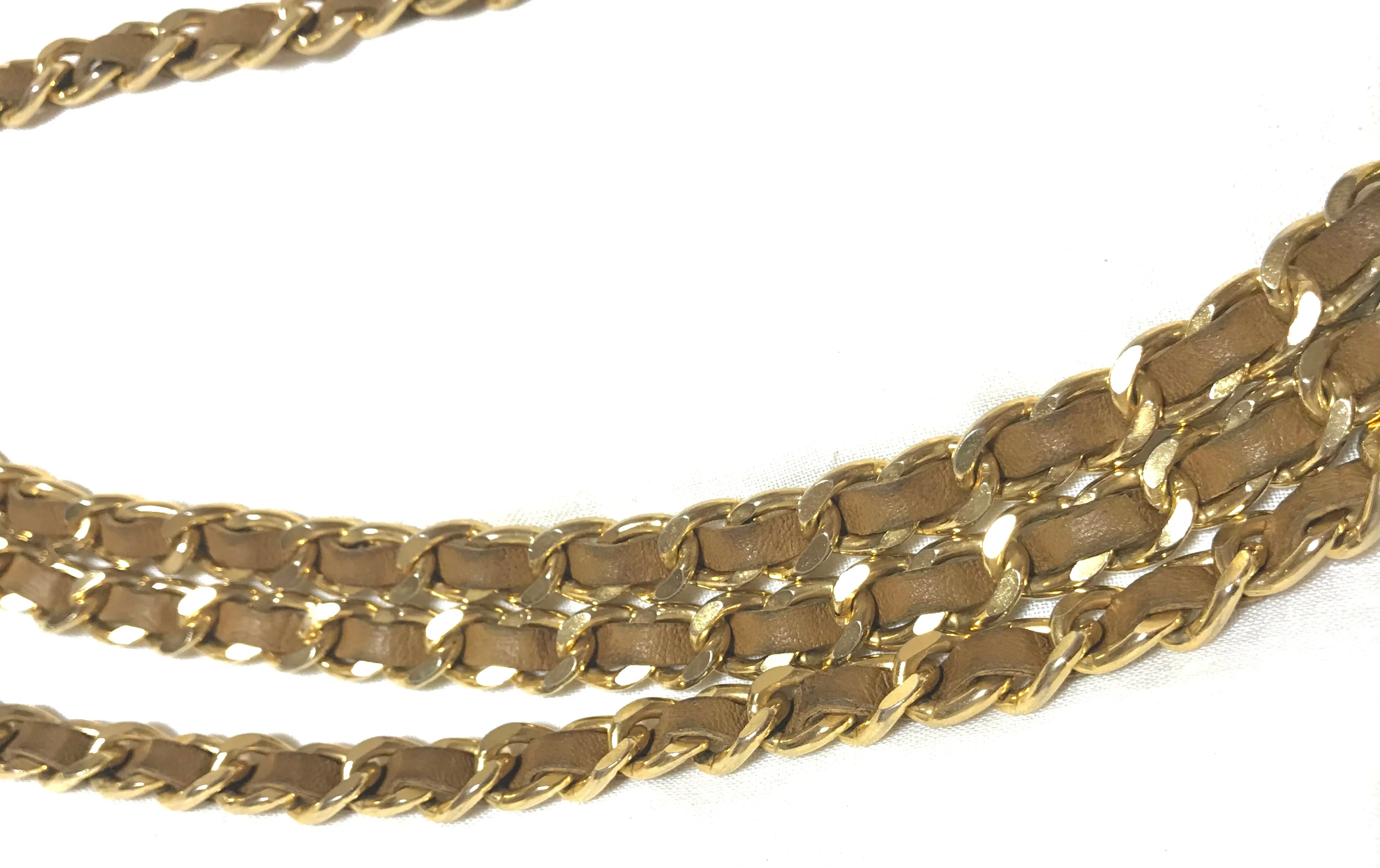 Vintage CHANEL triple layer golden chain and brown leather belt with CC and lion charms. Beautiful classic belt back in old era. R0410119