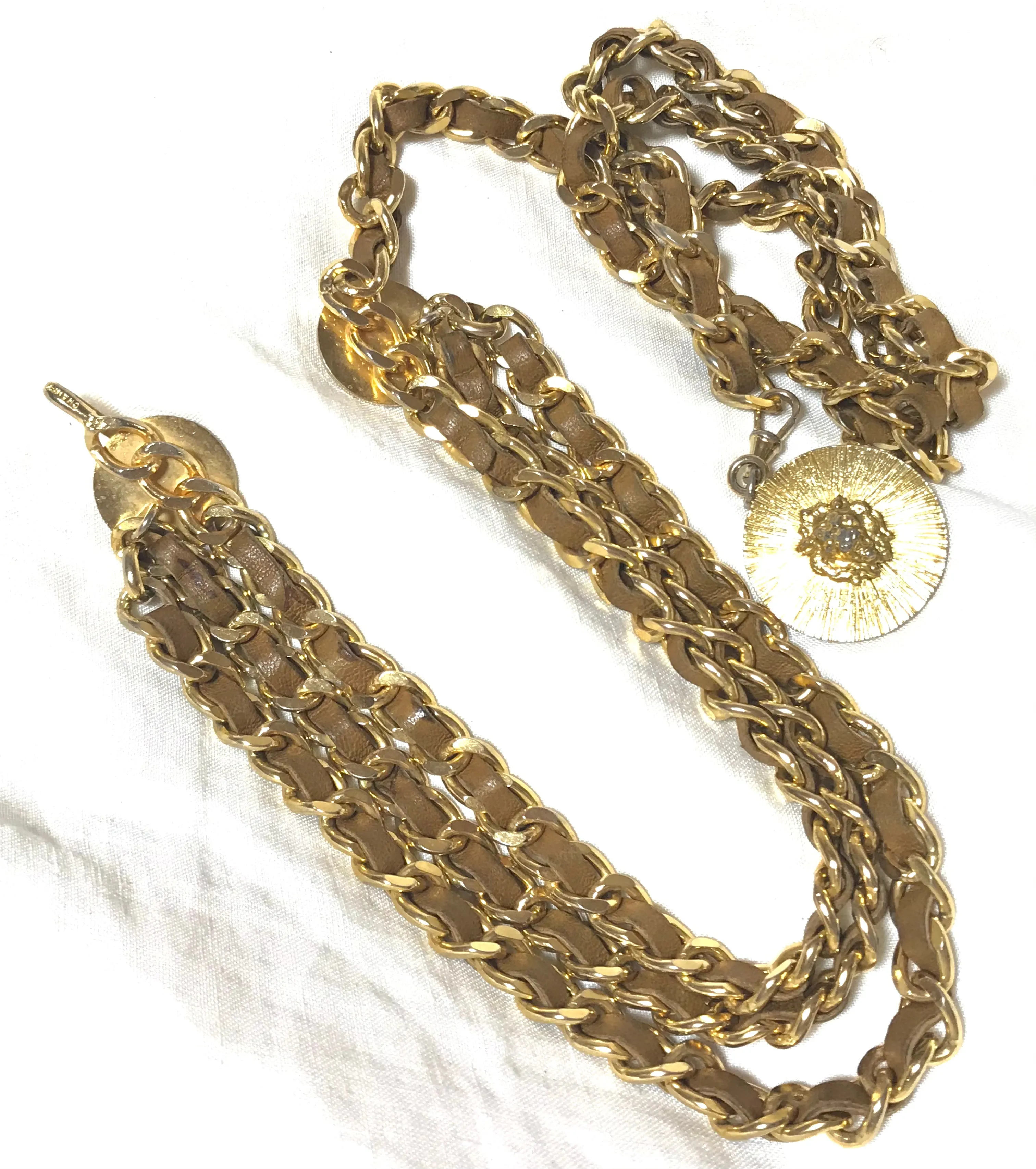Vintage CHANEL triple layer golden chain and brown leather belt with CC and lion charms. Beautiful classic belt back in old era. R0410119