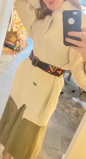 Vintage Rainbow Needlepoint Leather Belt