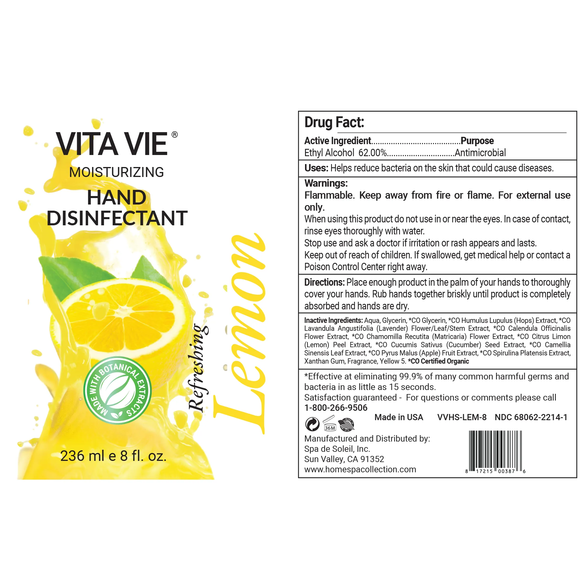 Vita Vie Moisturizing Hand Disinfectant Gel, Lemon, 8 oz